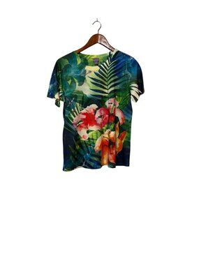 Laura Scott Womens XL Floral Jungle Print Rhinestone Short Sleeve Top Resort